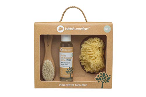 Bébé Confort – Geschenkset zur Geburt zur Babypflege: Massageöl, Bio-Baby, Naturschwamm, Bürste aus Holz