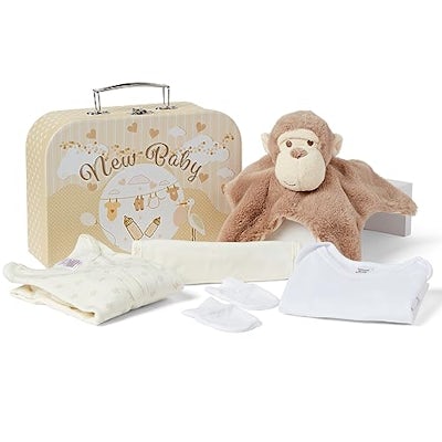 Baby-Geschenk-Set – neutrale Geschenkbox, mit Babyzubehör, Schmusetuch, Body, Schlafanzug, Baumwoll-Lätzchen und Fäustlingen