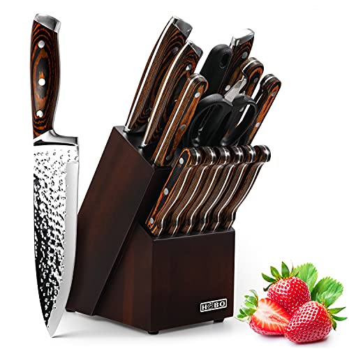 HOBO Messerblockset, 15-teiliges Küchenmesserset, Kochmesserset mit Anspitzer,