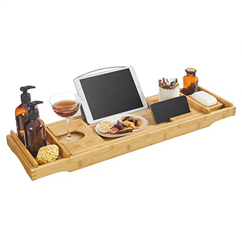 Verstellbare Badewannenablage aus Bambus, mit Getränkehalter, Buchstütze und Seifenhalter
